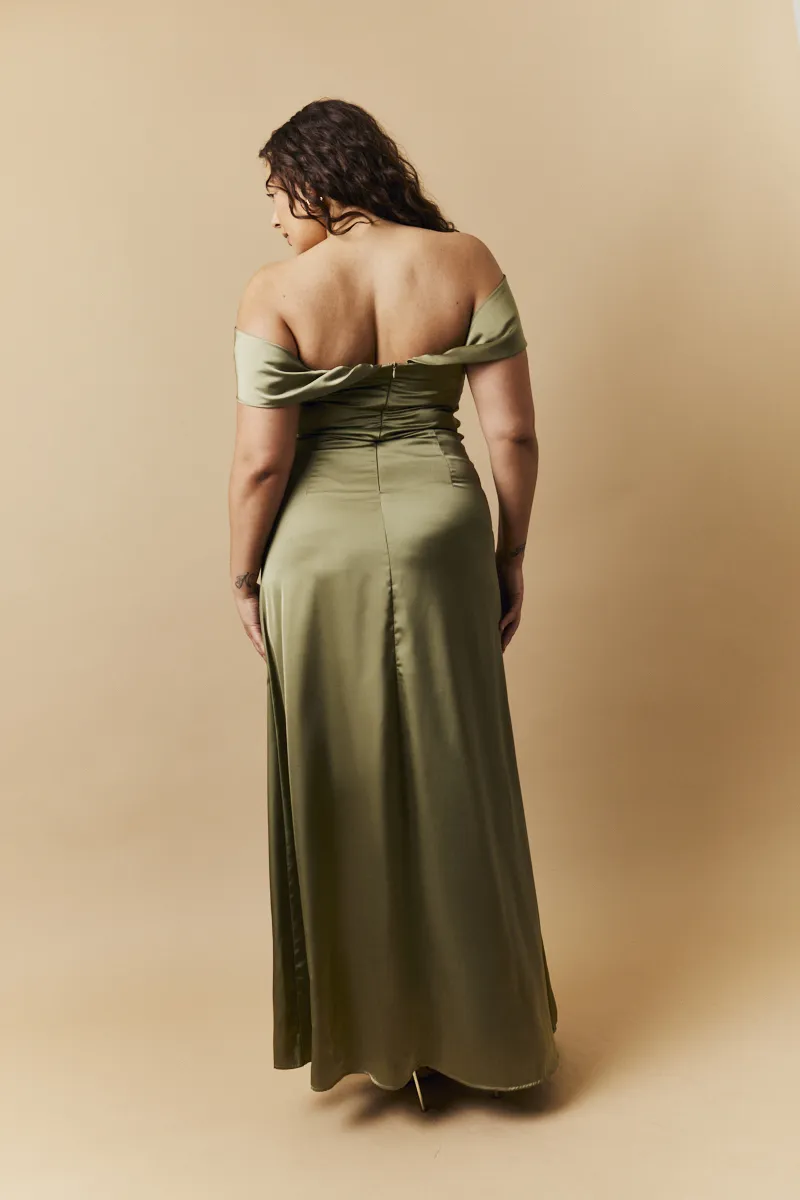 In The Style Olive Satin Bardot Ruched Maxi Dress