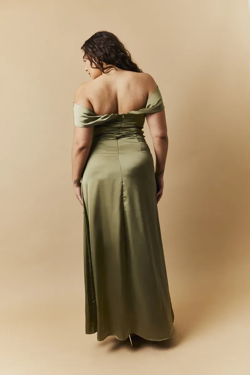In The Style Olive Satin Bardot Ruched Maxi Dress