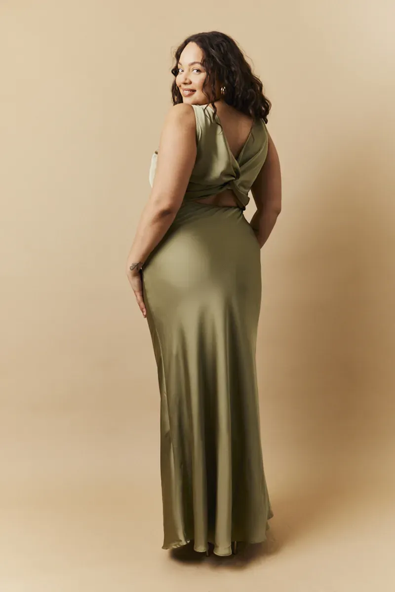 In The Style Olive Satin Twist Back Maxi Dress