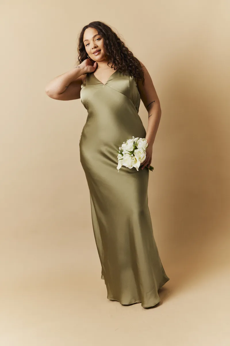 In The Style Olive Satin Twist Back Maxi Dress