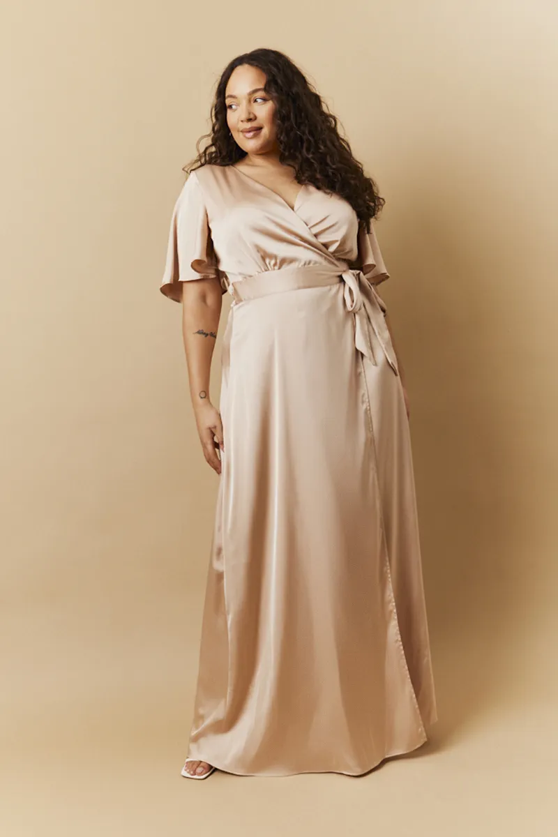 In The Style Light Gold Satin Wrap Tie Angel Sleeve Maxi Dress