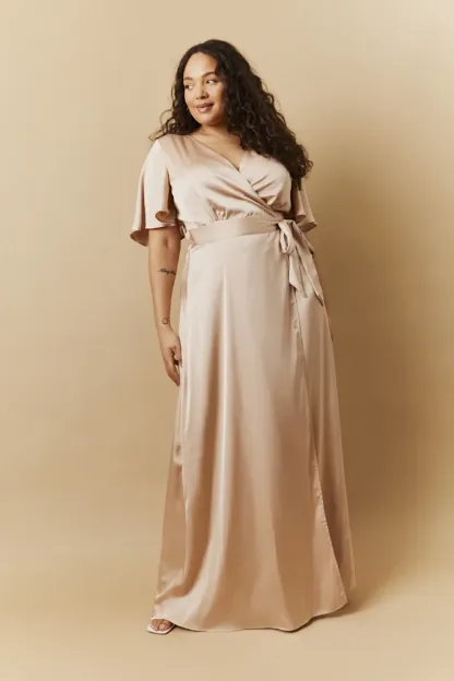 In The Style Light Gold Satin Wrap Tie Angel Sleeve Maxi Dress
