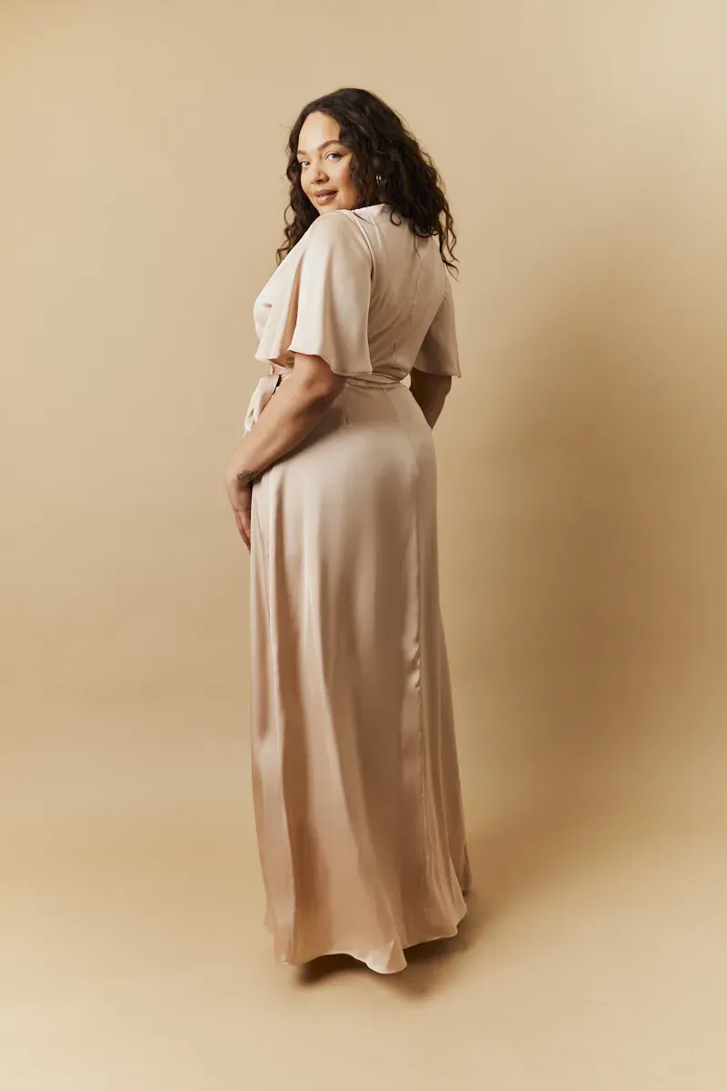 In The Style Light Gold Satin Wrap Tie Angel Sleeve Maxi Dress