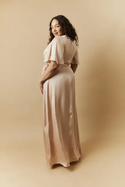 In The Style Light Gold Satin Wrap Tie Angel Sleeve Maxi Dress