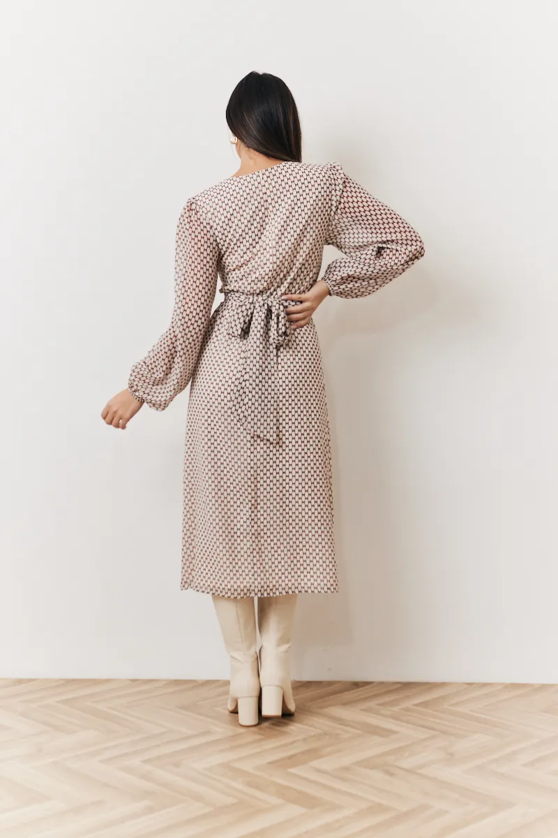 In The Style Cream Geometric Print Chiffon Balloon Sleeve Wrap Midi Dress