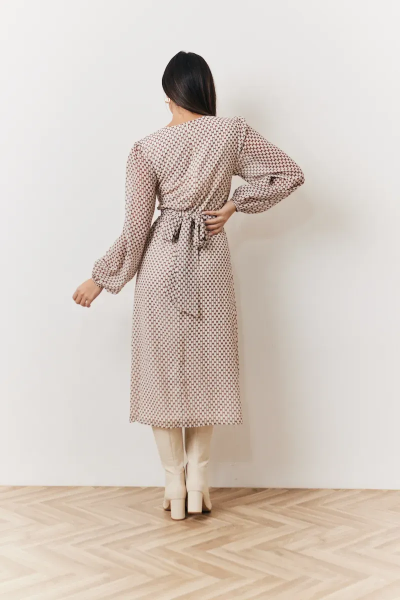 In The Style Cream Geometric Print Chiffon Balloon Sleeve Wrap Midi Dress