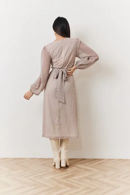 In The Style Cream Geometric Print Chiffon Balloon Sleeve Wrap Midi Dress