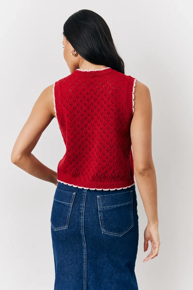 In The Style Contrast Edge Tie Front Knitted Waistcoat in Red