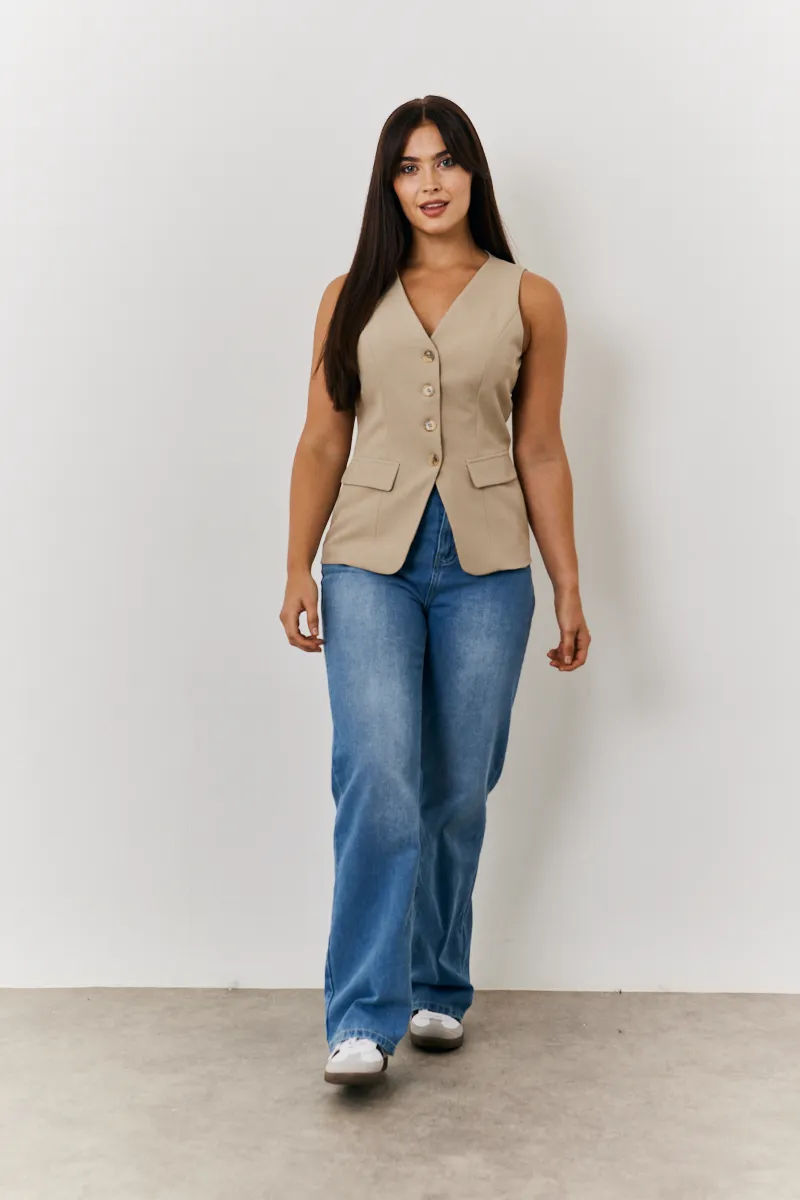 In The Style Longline Button Through Waistcoat in Stone