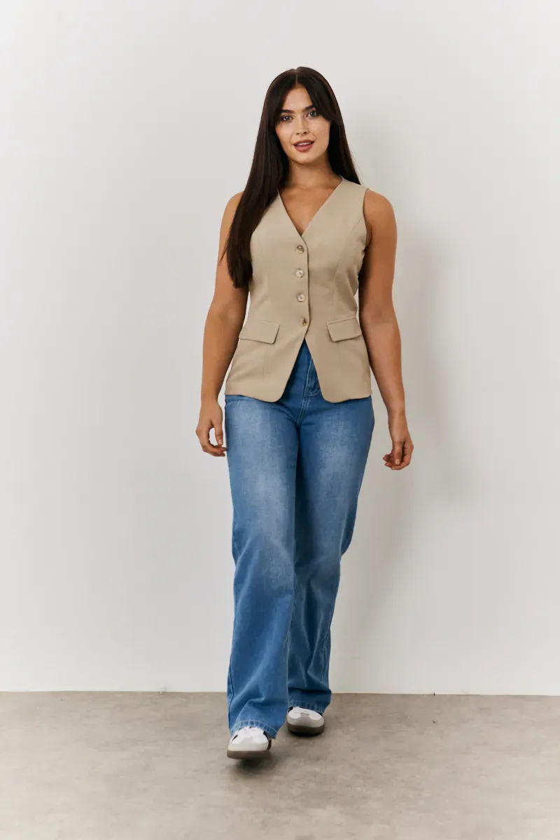 In The Style Longline Button Through Waistcoat in Stone