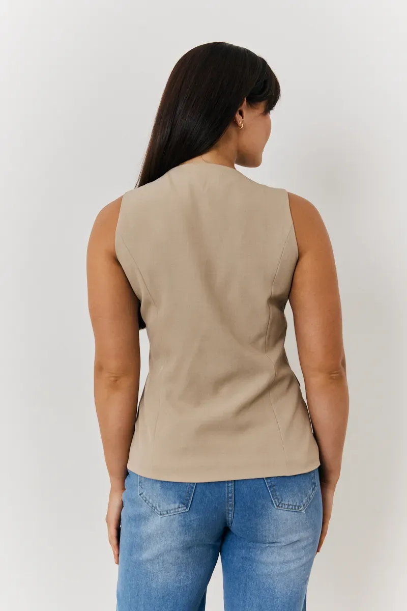 In The Style Longline Button Through Waistcoat in Stone