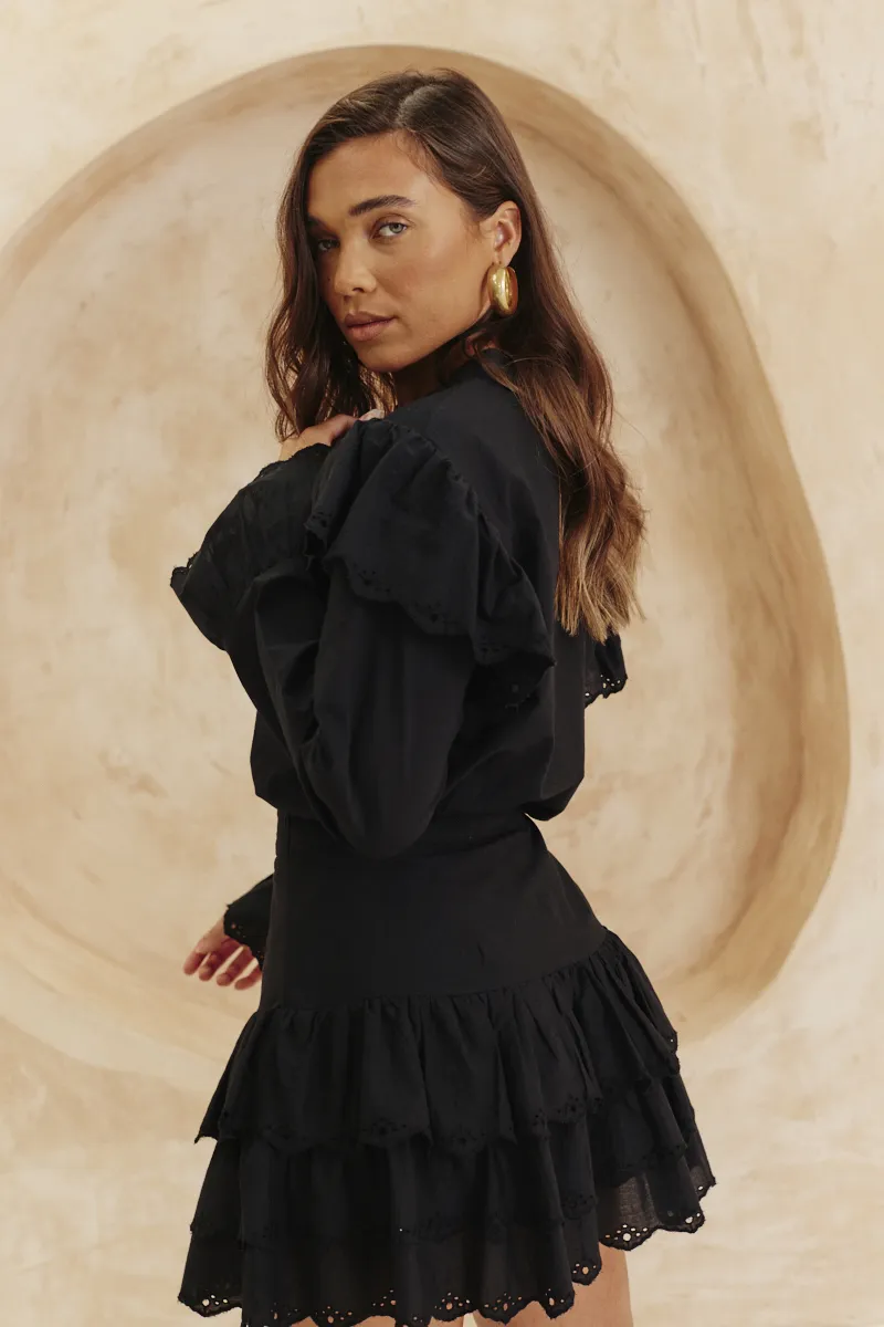 In The Style Frill Crochet Detail Co Ord Blouse in Black