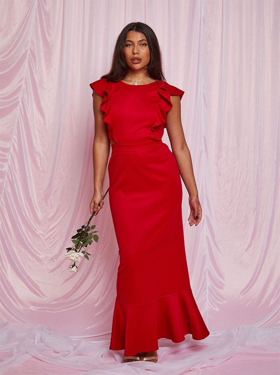 Ruffle Sleeve Cut Out Back Maxi Dress in Red