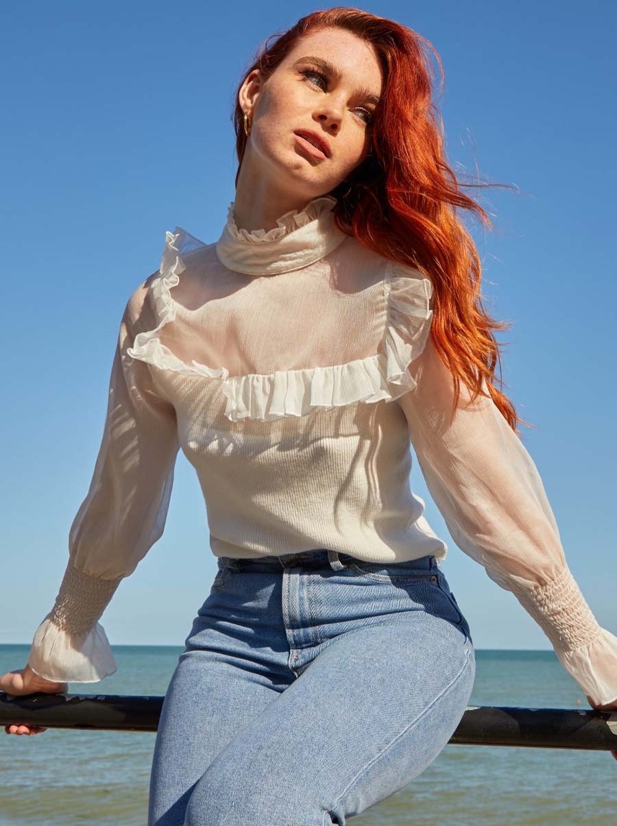 Ruffle Trim Knitted Jumper in White