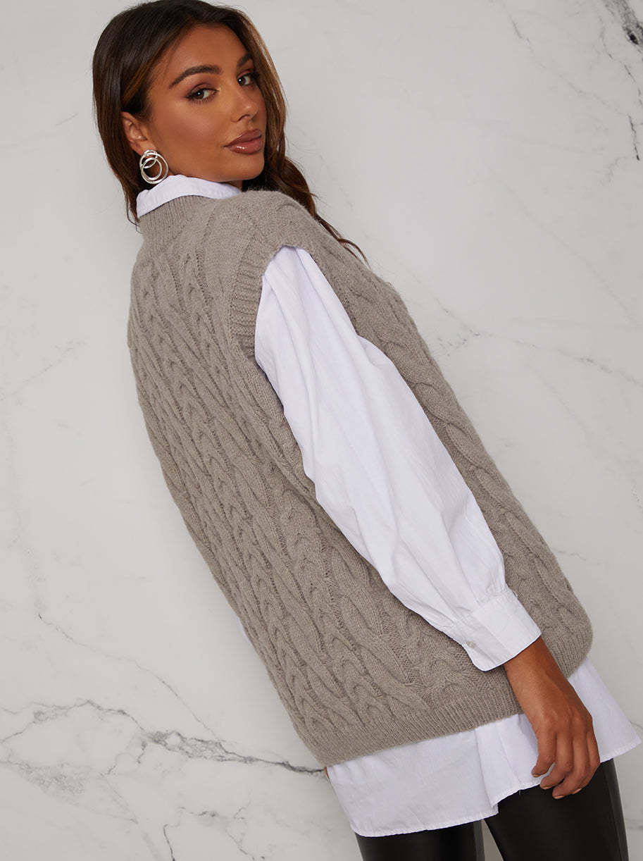 Cable Knit Gilet Jumper in Grey