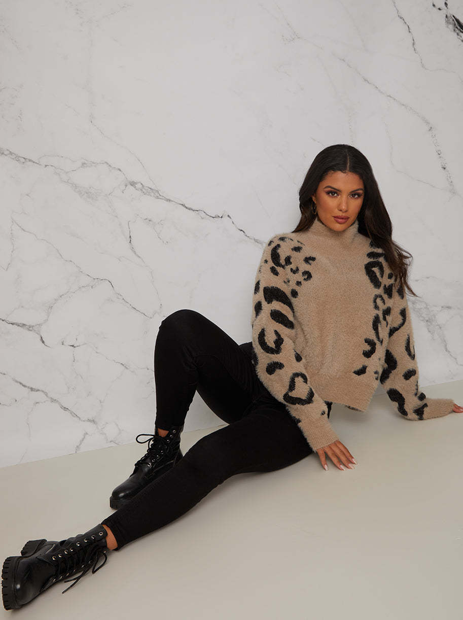 High Neck Animal Print Jumper in Cream