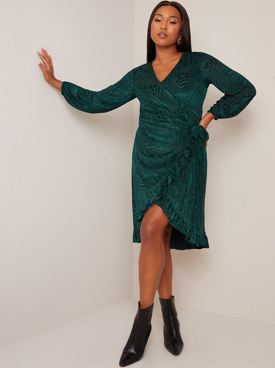 Plus Size Long Sleeve Animal Devore Wrap Dress in Green