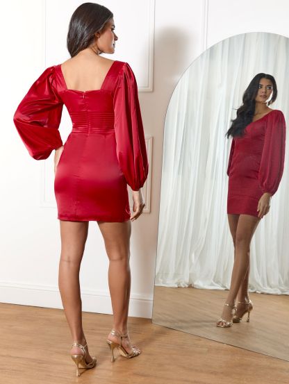 Balloon Sleeve Plunge Bodycon Dress in Red