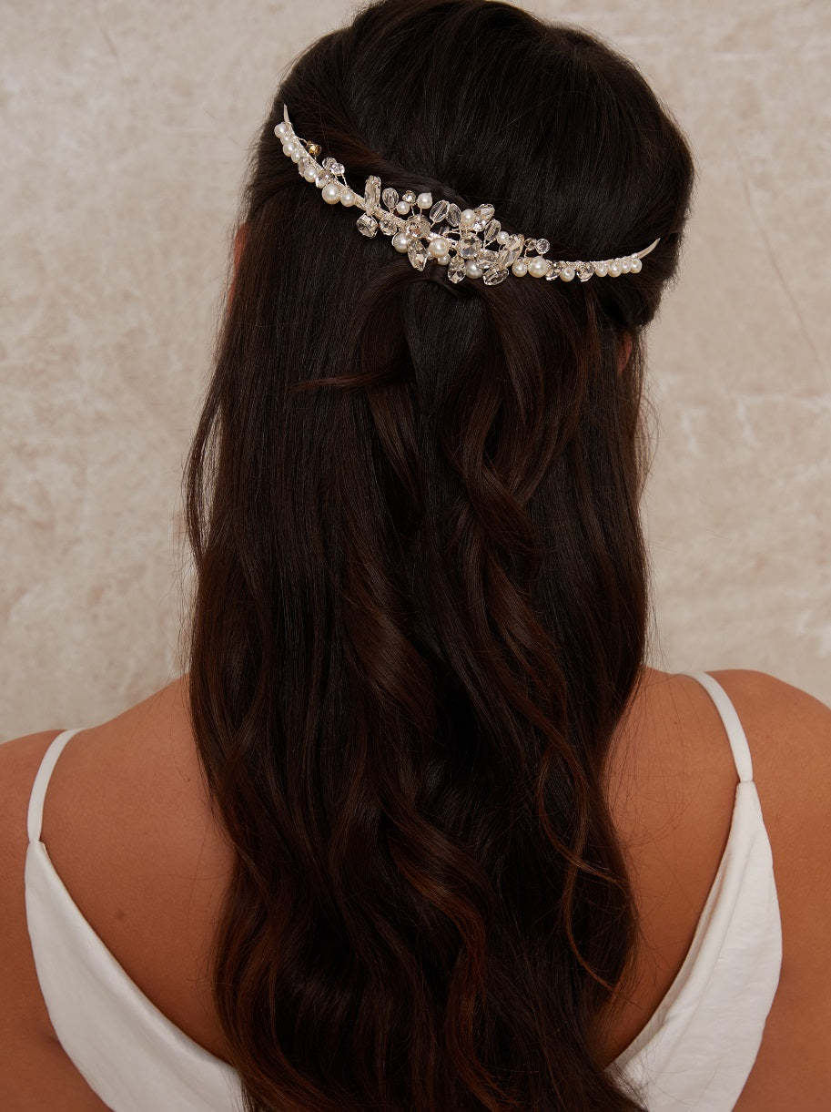 Floral Pearl & Beaded Hair Piece in Silver
