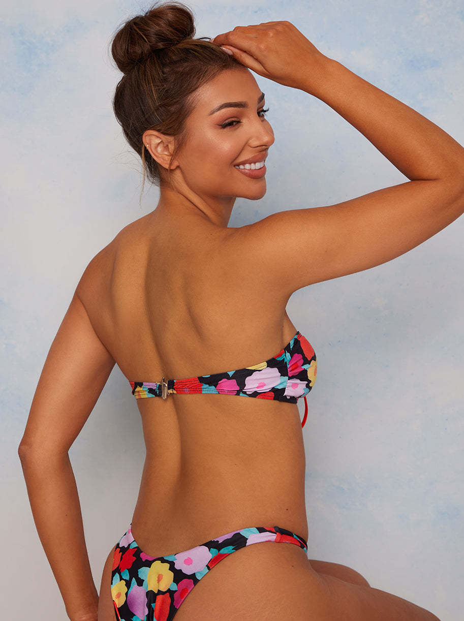 Floral Print Bandeau Tie Detail Bikini Top in Multi