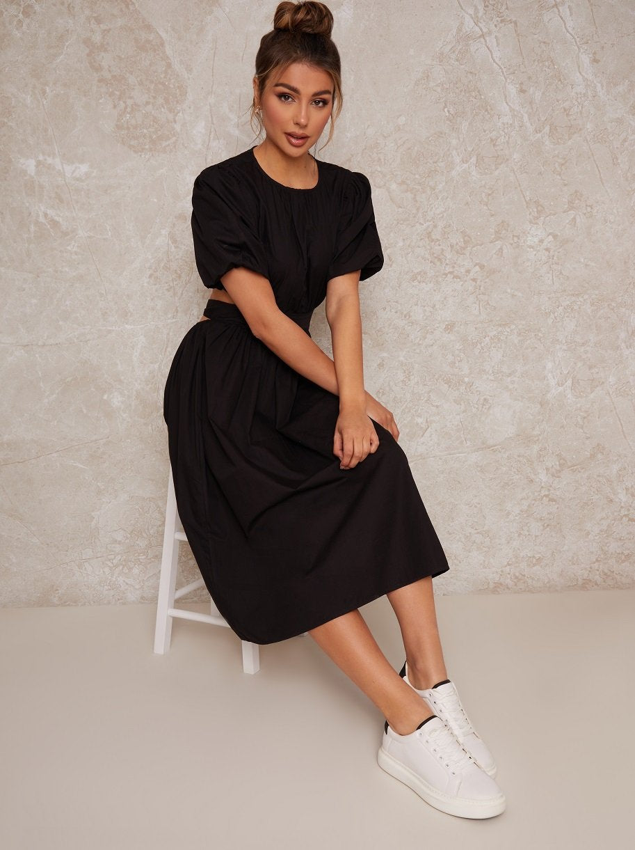 Open Back Puff Sleeve Midi Smock Dress in Black