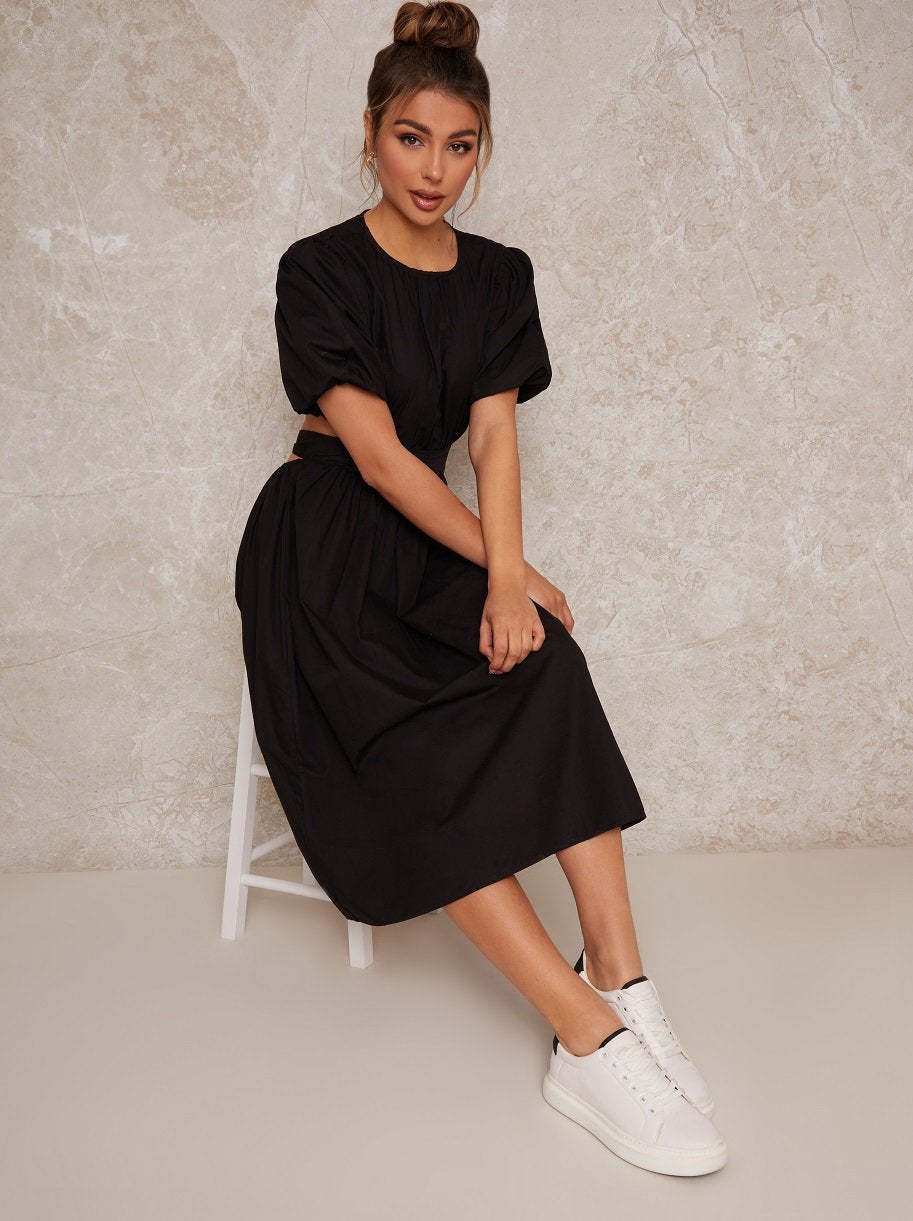 Open Back Puff Sleeve Midi Smock Dress in Black