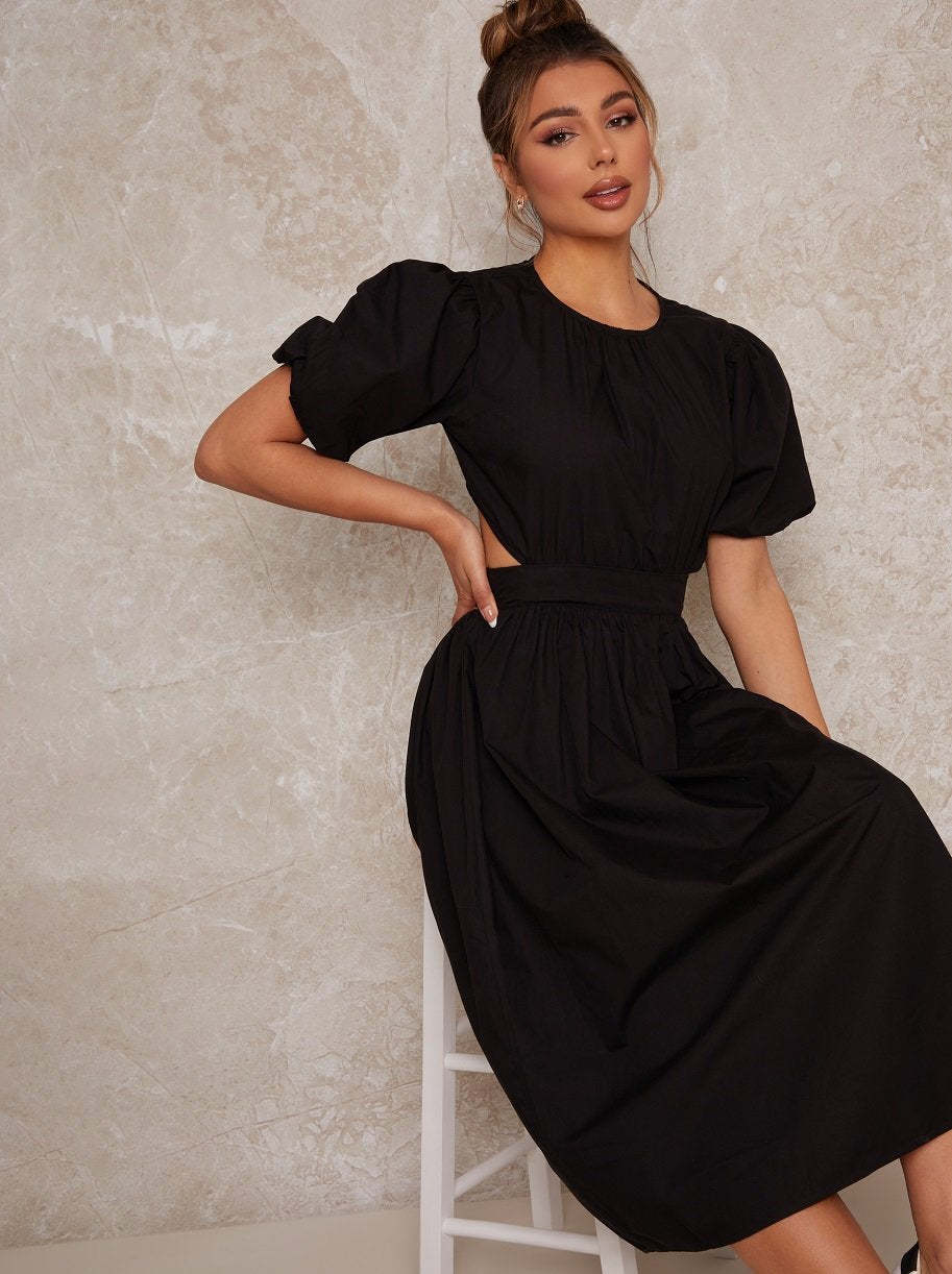 Open Back Puff Sleeve Midi Smock Dress in Black