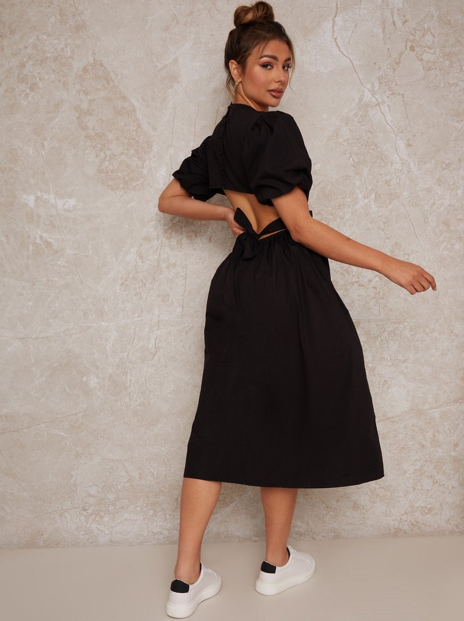 Open Back Puff Sleeve Midi Smock Dress in Black