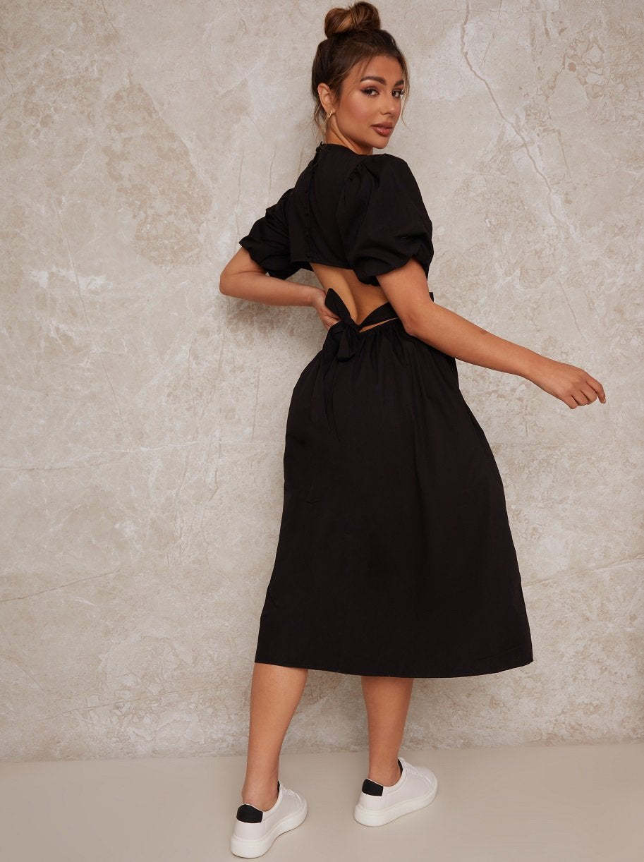 Open Back Puff Sleeve Midi Smock Dress in Black