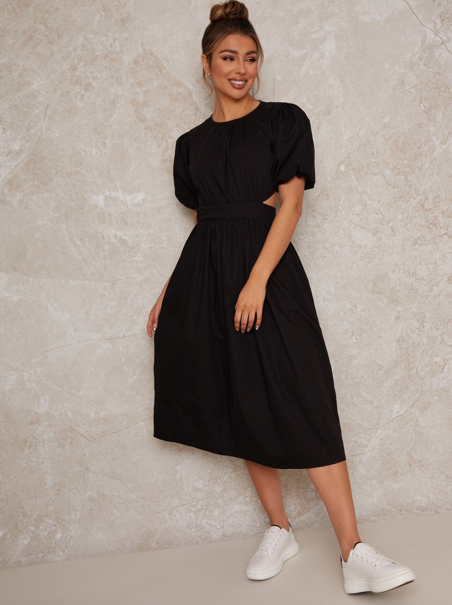 Open Back Puff Sleeve Midi Smock Dress in Black