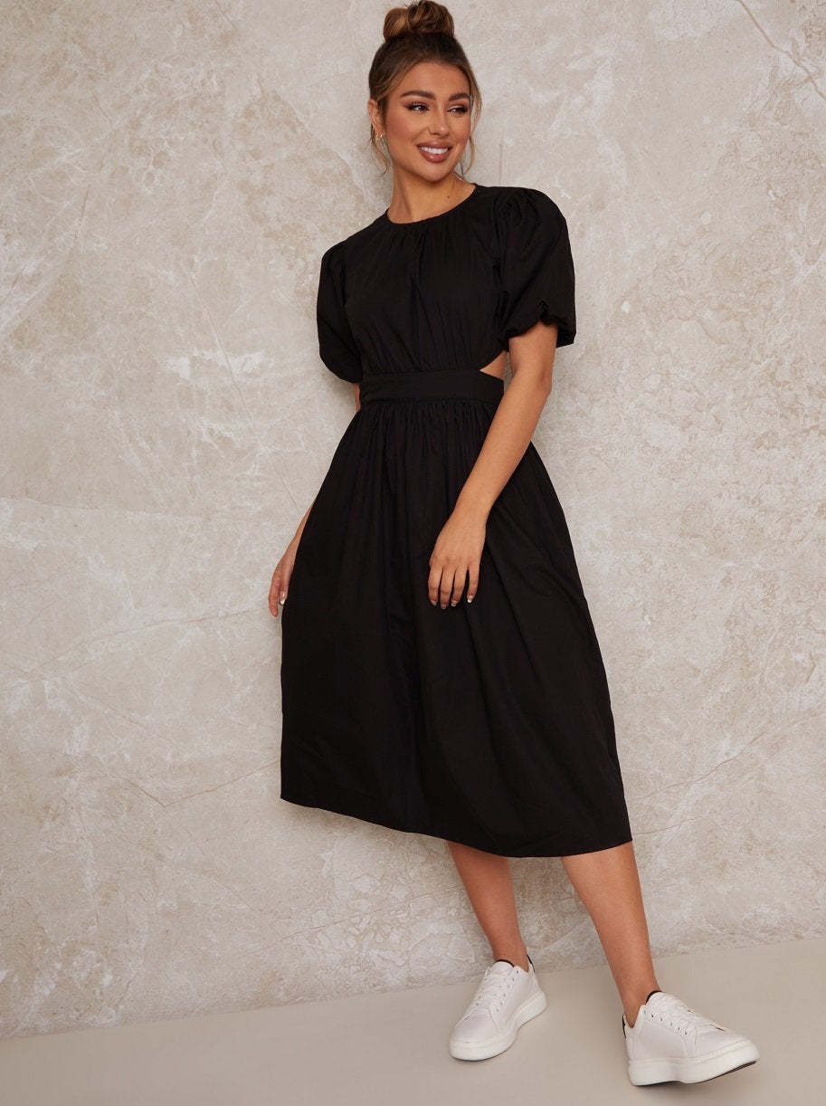 Open Back Puff Sleeve Midi Smock Dress in Black
