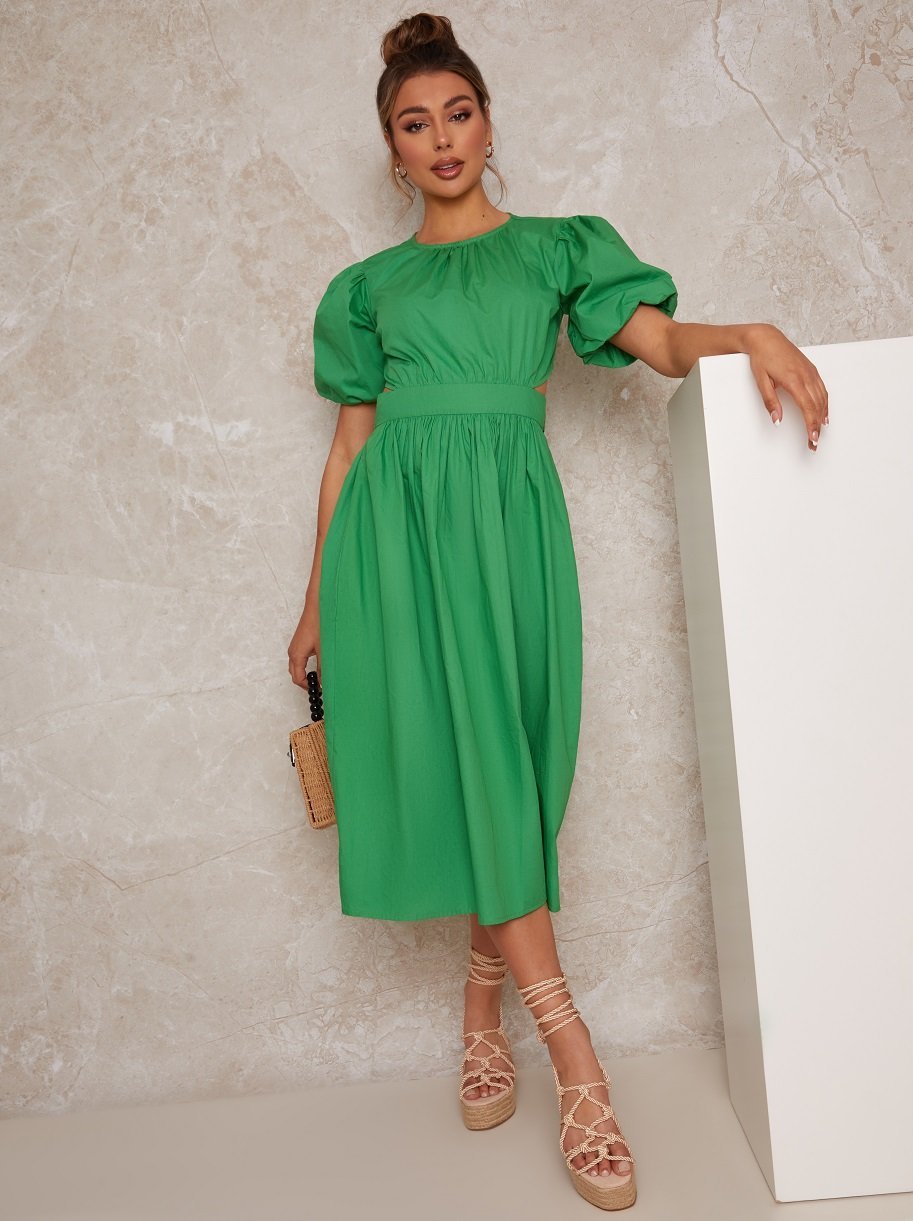 Open Back Puff Sleeve Midi Smock Dress in Green