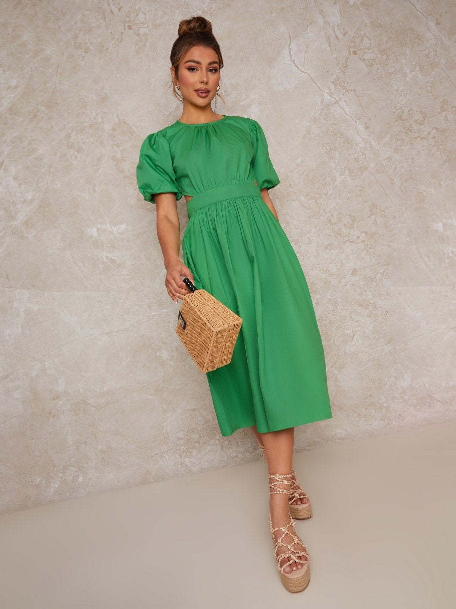 Open Back Puff Sleeve Midi Smock Dress in Green