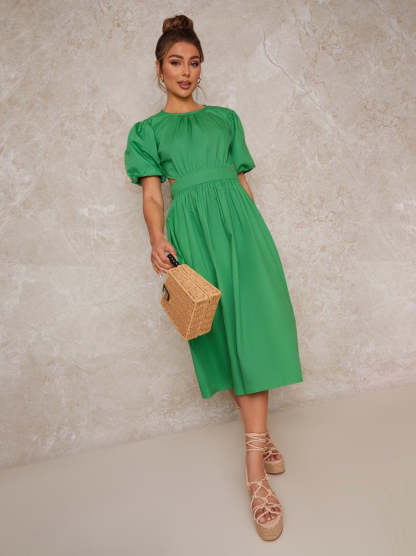 Open Back Puff Sleeve Midi Smock Dress in Green