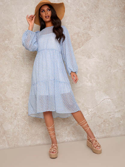 Gingham Balloon Sleeve Midi Dress in Blue