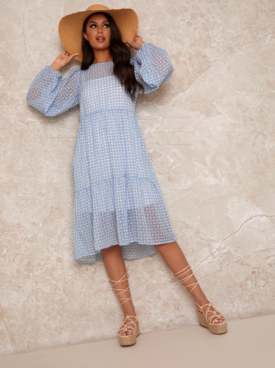 Gingham Balloon Sleeve Midi Dress in Blue