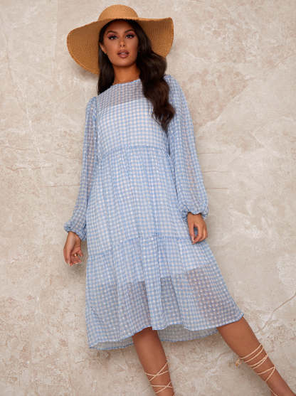 Gingham Balloon Sleeve Midi Dress in Blue