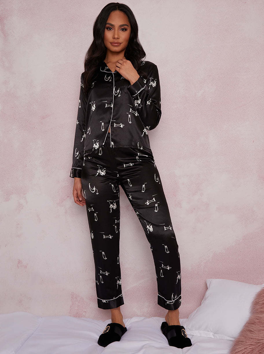 Long Sleeve Graphic Print Pyjamas in Black