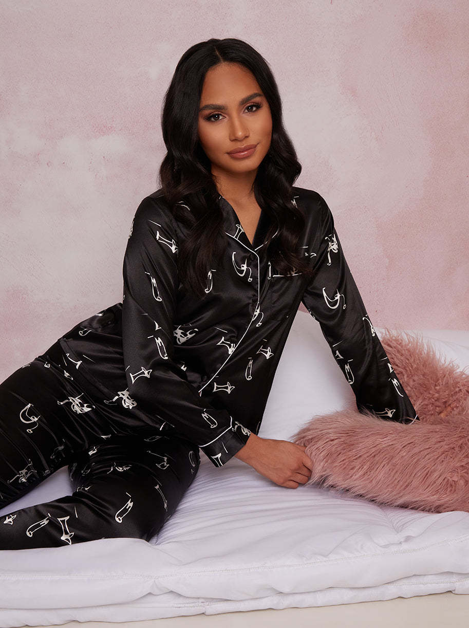 Long Sleeve Graphic Print Pyjamas in Black