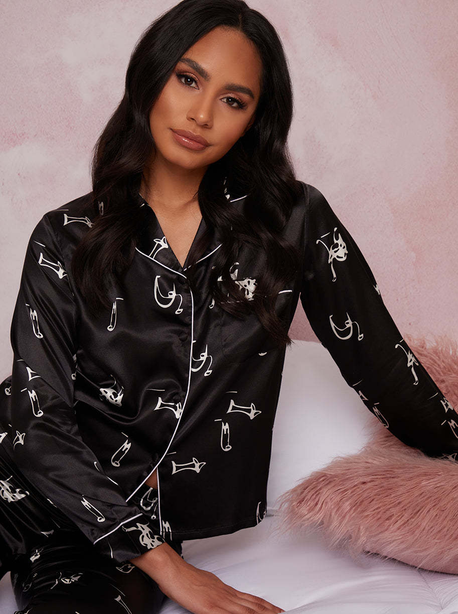 Long Sleeve Graphic Print Pyjamas in Black