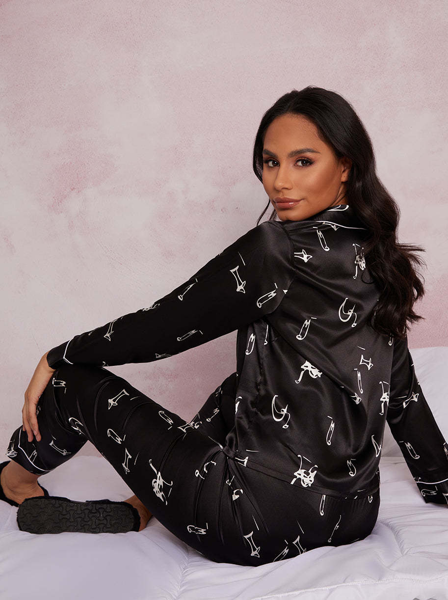 Long Sleeve Graphic Print Pyjamas in Black