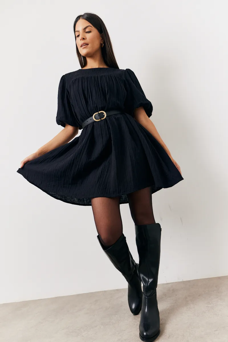 In The Style Recycled Textured Puff Sleeve Smock Mini Dress in Black