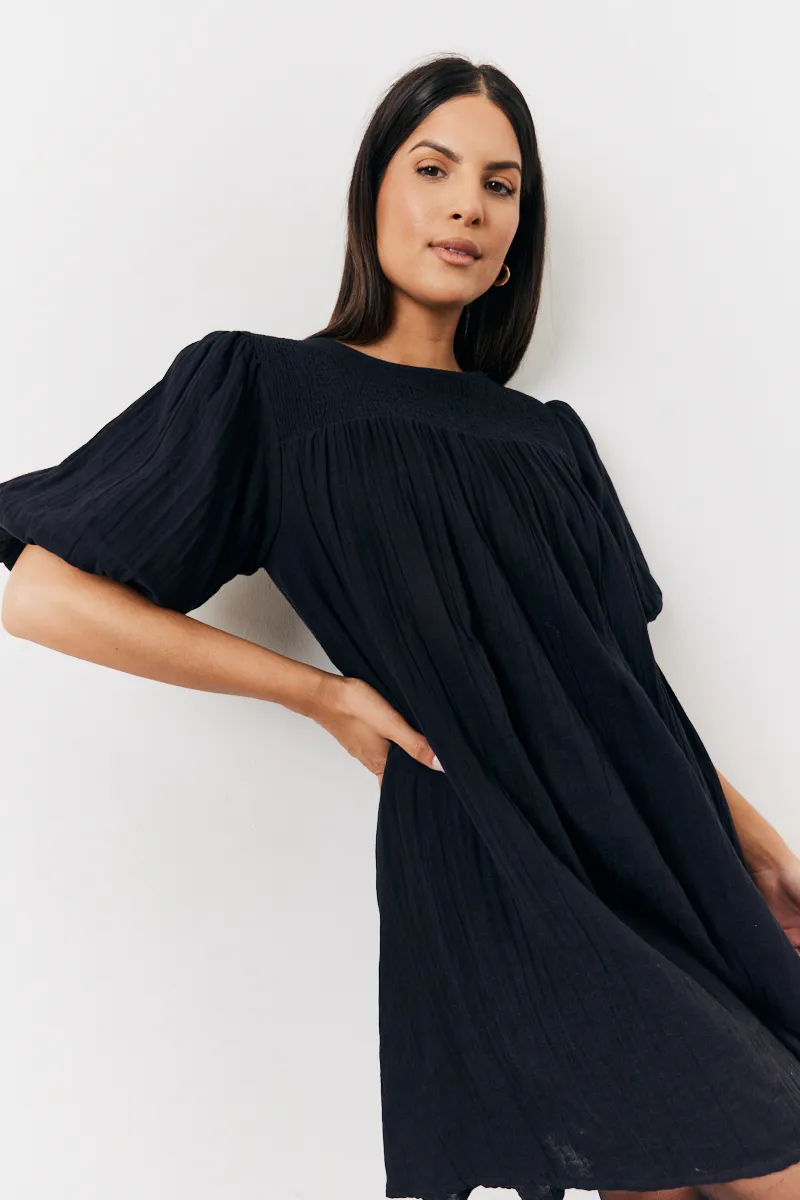 In The Style Recycled Textured Puff Sleeve Smock Mini Dress in Black
