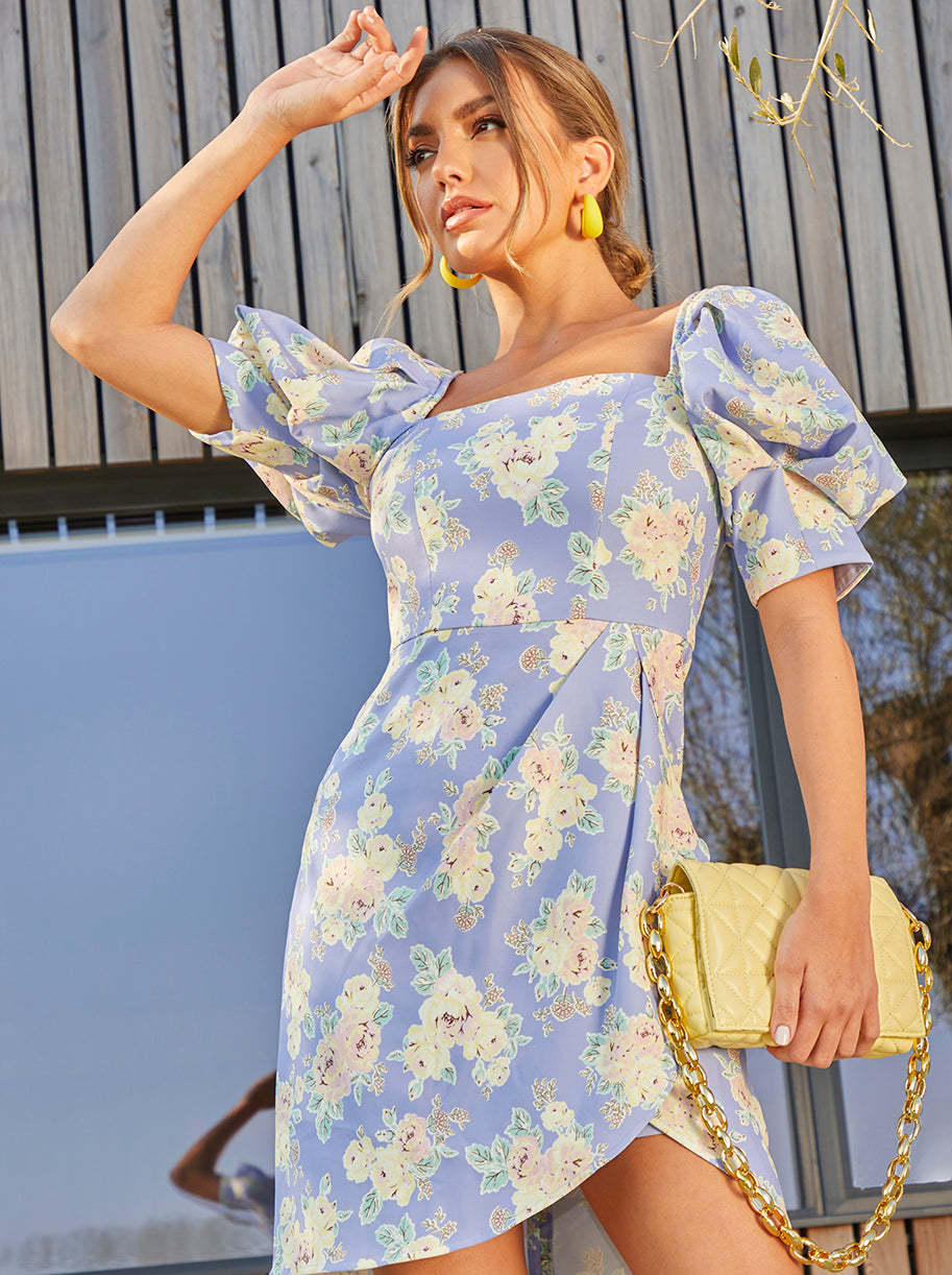 Floral Printed Puff Sleeve Mini Dress in Blue