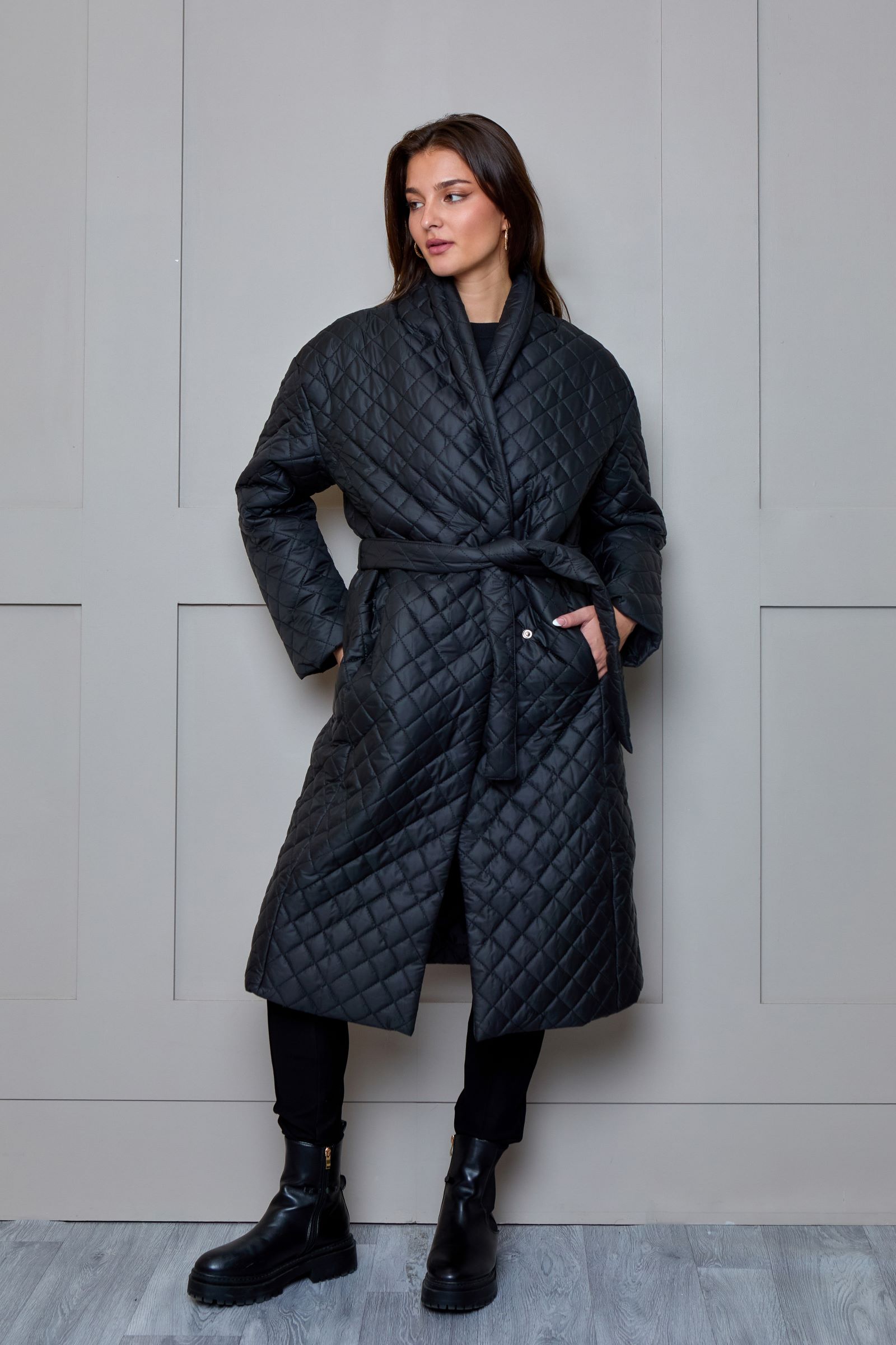 Black longline belted coat hotsell