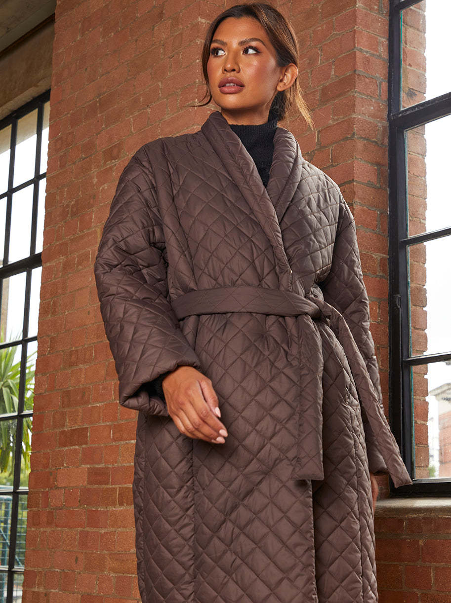 Diamond Quilted Longline Belted Coat in Chocolate