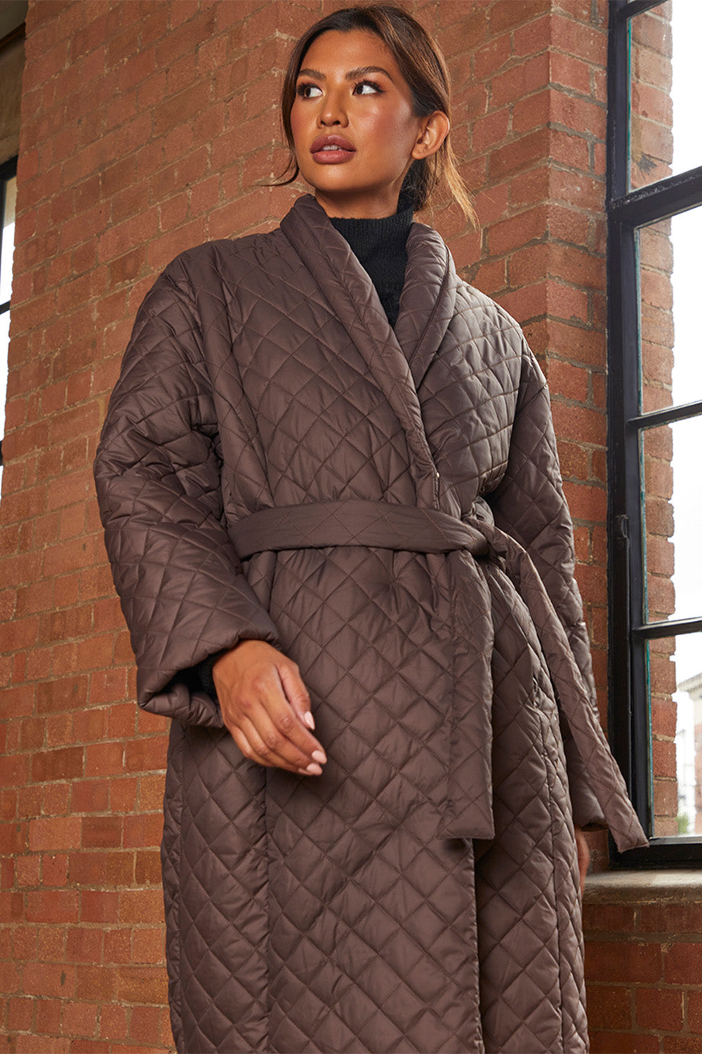 Diamond Quilted Longline Belted Coat in Chocolate