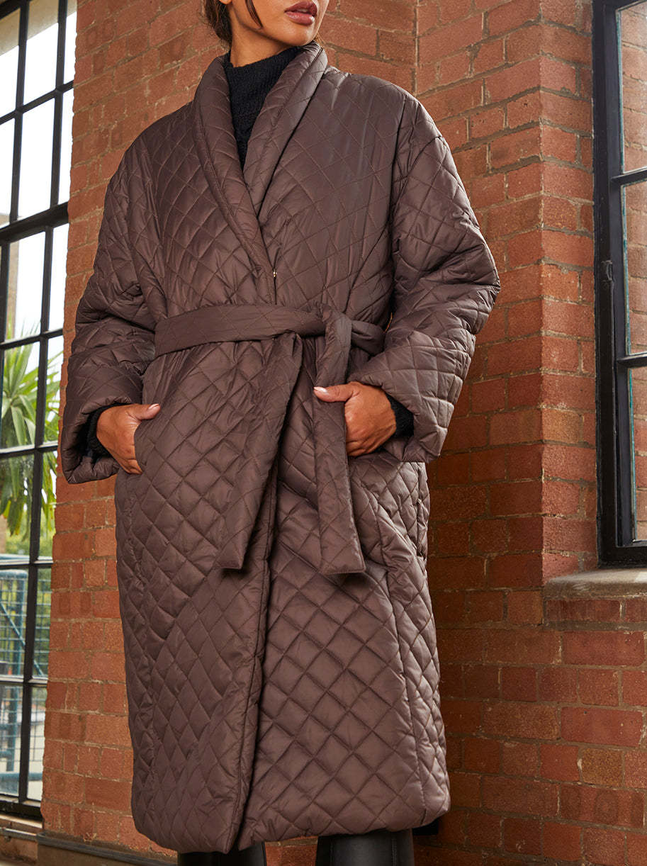 Diamond Quilted Longline Belted Coat in Chocolate