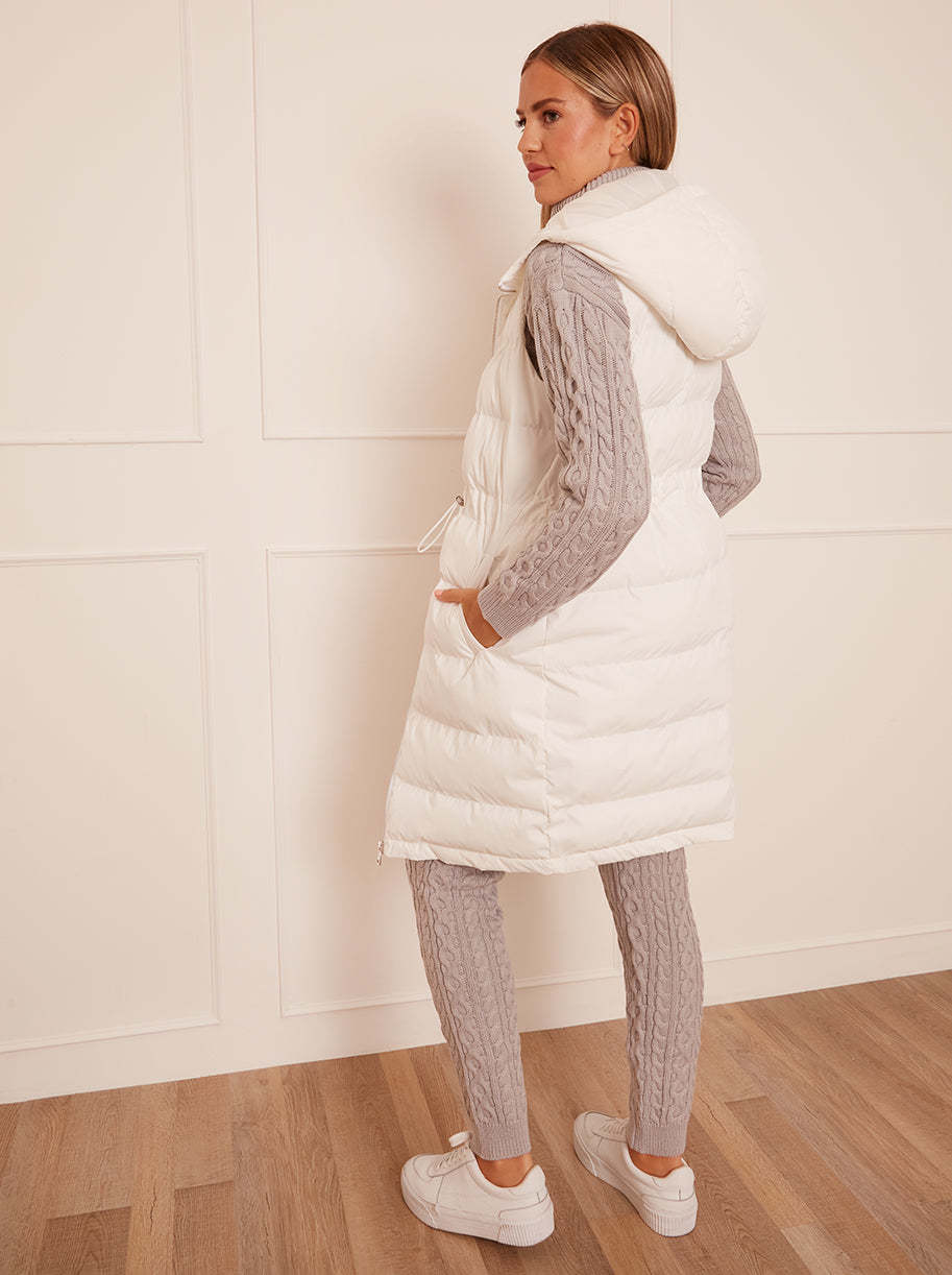 Waist Detail Padded Longline Gilet in White