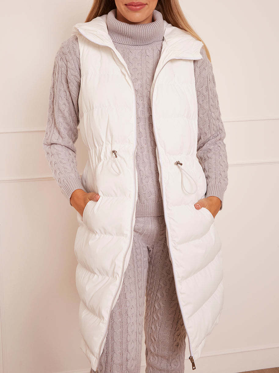 Waist Detail Padded Longline Gilet in White